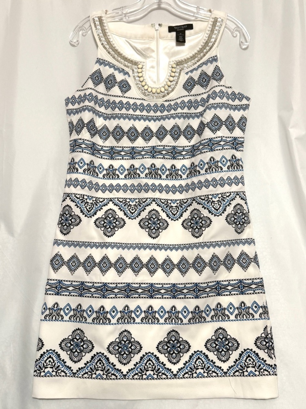 White House Black Market White and Blue Beaded-Neck Mini Dress